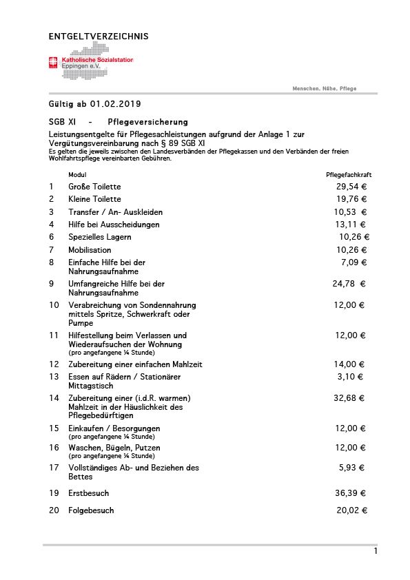 Katholische Sozialstation Eppingen e. V. - Entgeldverzeichnis